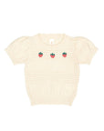 Beige ribbed knit crop top with strawberry embroidery on a white background