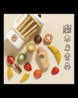 Wooden toy kitchen set with fruits and kitchen tools on a beige background, featuring the 'Learn Discover Play' logo.