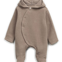 Brown baby onesie with a hood on a white background