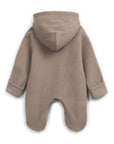 Brown baby onesie with a hood on a white background