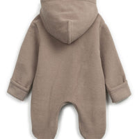 Brown baby onesie with a hood on a white background