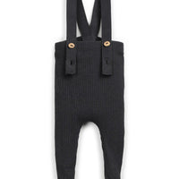 Black baby romper with suspenders on a white background