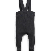 Black ribbed baby romper with suspenders on a white background