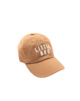 Tan cap with 'LITTLE BRO' text on a white background