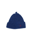 Blue knit beanie with a red logo on a white background