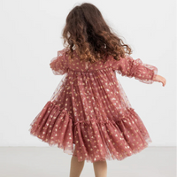 Child wearing a pink dress with ruffles on a white background