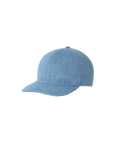 A light blue denim baseball cap shown from a three-quarters angle on a clean white background.