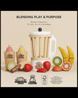 Wooden toy blender set with fruits and a measuring cup on a beige background, featuring sustainability logos.
