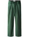 A pair of dark green wide-leg trousers shown flat against a plain white background, featuring belt loops, a front crease, and a visible 'molo' brand label at the waistband.