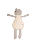 A plush stuffed animal toy shaped like a bear or cat, with gray fabric limbs, ears, and face, and an off-white textured knitted body, centered on a plain white background.