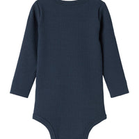 Navy blue ribbed baby onesie on a white background
