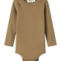 Brown ribbed baby bodysuit on a white background