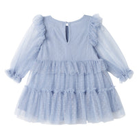 Light blue dress with ruffled sleeves and layers on a white background