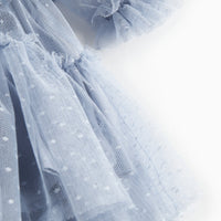 Close-up of a light blue tulle skirt with polka dots on a white background