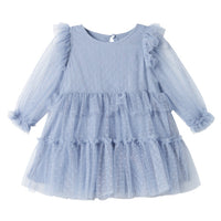 Blue dress with ruffled sleeves and layers on a white background