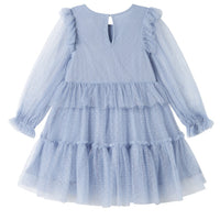 Light blue tiered dress with long sleeves on a white background