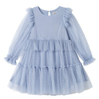 Light blue dress with ruffled sleeves and layers on a white background