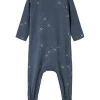 Blue baby onesie with star pattern on a white background
