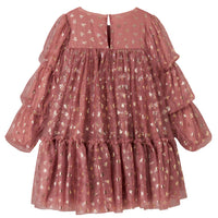 Pink tiered dress with floral pattern on a white background