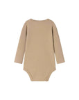 A long-sleeve ribbed knit baby bodysuit in a warm tan or beige color, shown from the back against a plain white background.