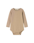 A beige ribbed long-sleeve baby bodysuit with a crew neck, photographed flat against a white background.