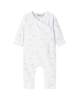 A white long-sleeve baby romper with a light blue cloud pattern, featuring a wrap-around front and snap closures.