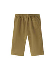 A pair of olive green cropped pants with an elastic waistband and a side pocket, shown flat against a white background.