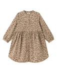 A toddler girl's long-sleeve button-front dress in a beige and brown leopard print, featuring a gathered waist and elasticized cuffs, shown flat on a white background.