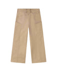 A pair of beige cargo pants shown from the back, featuring a waistband with belt loops, a button closure, and large side cargo pockets, photographed against a clean white background.
