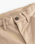 Close-up of the waistband of beige trousers, showing belt loops, a button closure, and front pocket stitching against a white background.