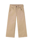 A pair of beige wide-leg pants with a button closure and belt loops, shown flat against a white background.