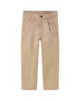 A pair of beige kids' trousers with a flat front, belt loops, and a button closure, shown flat on a white background.