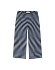 A pair of cropped knit pants featuring a horizontal stripe pattern in black and light blue, displayed flat against a white background.