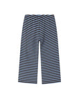 A pair of wide-leg cropped pants featuring horizontal stripes in black and light blue, displayed flat against a white background.