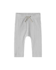 Light gray ribbed knit pants with an elastic waistband and a matching drawstring, shown flat against a white background.