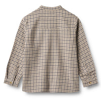 Back view of a plaid shirt on a white background