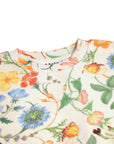 Close-up of a floral patterned fabric with colorful flowers on a white background