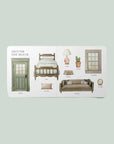 Illustrated book page showing furniture and home decor items on a light green background