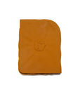 Orange leather wallet with a brand logo on a white background