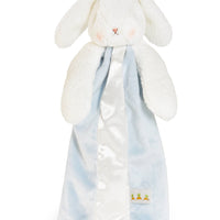 White bunny plush toy with a blue and white striped blanket on a white background