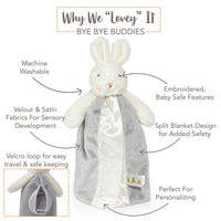 White bunny plush toy with gray blanket, features highlighted on a white background