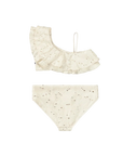 Two-piece swimsuit with ruffled top and matching bottoms on a white background
