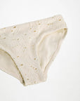 Beige women's underwear with floral lace details on a white background