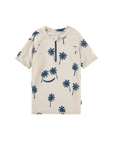 Beige shirt with blue palm tree and smiley face patterns on a white background