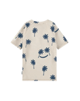 Beige t-shirt with blue palm tree pattern on a white background
