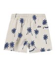 Beige shorts with blue palm tree pattern on a white background