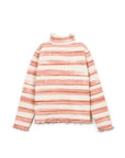 A long-sleeve turtleneck sweater with horizontal stripes in dusty pink and cream, featuring a scalloped edge on the collar, cuffs, and hem, displayed against a solid white background.