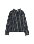 A long-sleeve blouse with a high mock neck and a dense small floral print on a dark navy background, shown flat against a white background.