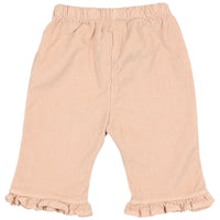 Pink baby pants with ruffled details on a white background