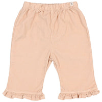 Pink pants with ruffles on a white background